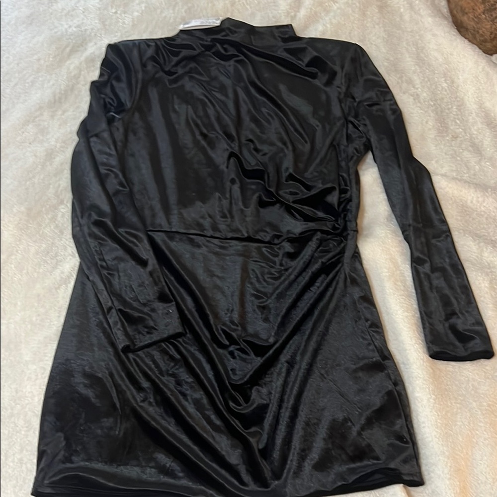 H&M Black Velour Ruched Bodycon Dress with Long Sleeves